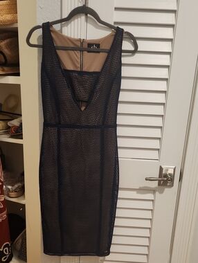 Sheri Bodell Navy Mesh Midi Dress with Nude Underlay